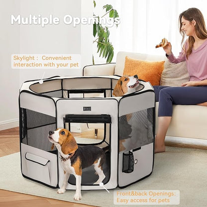 PETSFIT Dog Playpen, 45.5" Sturdy Pop Up Dog Kennel Foldable Dog Pen Indoor Outdoor Puppy Playpen for Medium Dogs Cats with Traveling Bag Zipper Sealed Removable Mesh Top Leakproof Bottom Mat Beige L