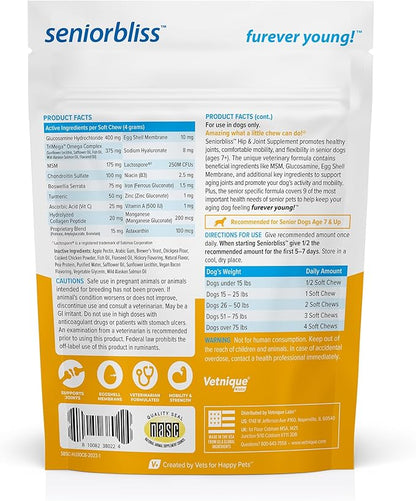 Vetnique Seniorbliss Senior Dog Joint Supplement with Glucosamine and Chondroitin for Dogs Joint Support and Healthy Cartilage Development - for Small & Large Breeds (Hip & Joint Chew, 30ct)