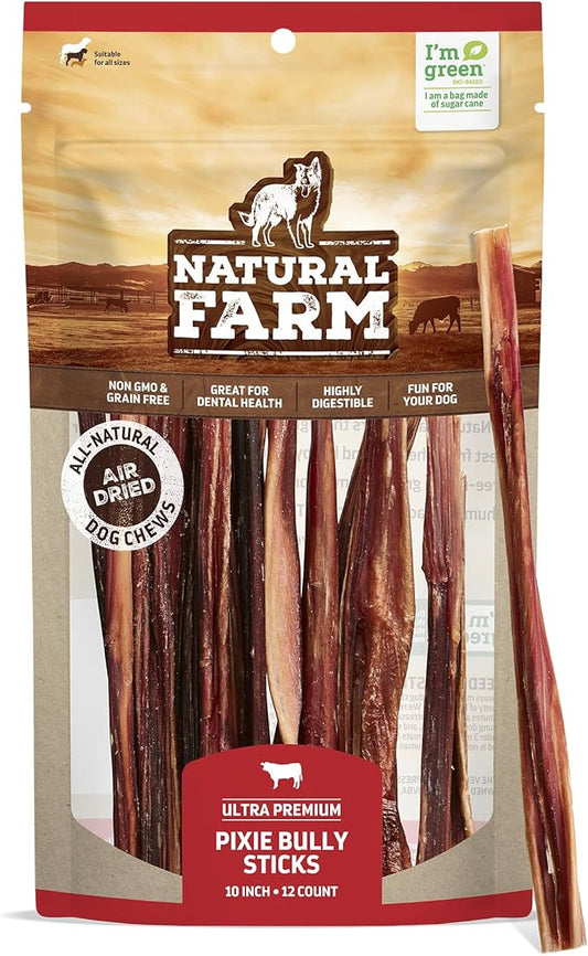 Natural Farm Gullet Jerky Sticks (10”, 12-Pack), Fully Digestible Beef Esophagus, Grain-Free, Odor-Free - Best for Light, Pups & Senior Chewers