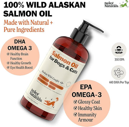 Deley Naturals Premium Alaskan Wild Caught Salmon Oil for Dogs and Cats - Omega-3 Rich Fish Oil Supplement for Healthy Skin, Coat, and Joints - All-Natural, Sustainably Sourced - 32 Oz
