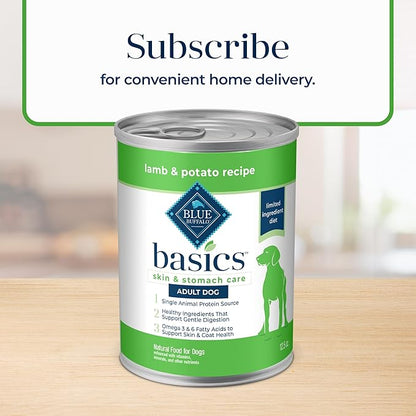 Blue Buffalo Basics Grain-Free Adult Wet Dog Food, Skin & Stomach Care, Limited Ingredient Diet, Lamb Recipe, 12.5-oz. Can, 12 Count