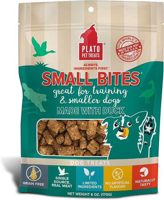 Plato Pet Treats Air Dried Small Bites Dog Treats, Natural Bite Sized Real Meat & Duck, Grain Free & High Protein, Made in the USA, 6oz