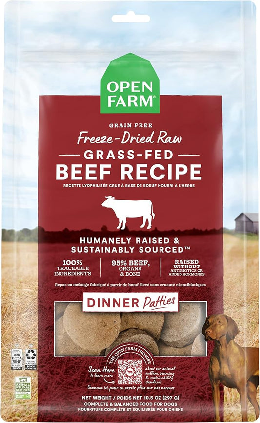 Open Farm Freeze Dried Raw Patties for Dogs, Humanely Raised Meat Recipe with Non-GMO Superfoods and No Artificial Flavors or Preservatives, Grass Fed Beef Recipe, 10.5oz