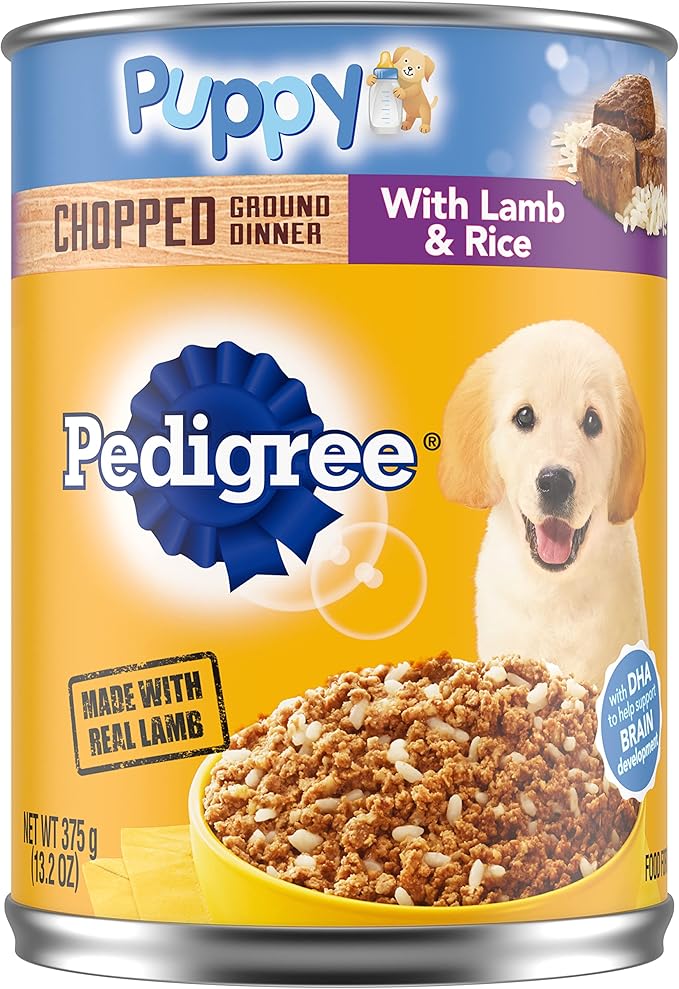 PEDIGREE CHOPPED GROUND DINNER Puppy Canned Soft Wet Dog Food With Lamb & Rice, 13.2 oz. Cans (Pack of 12)