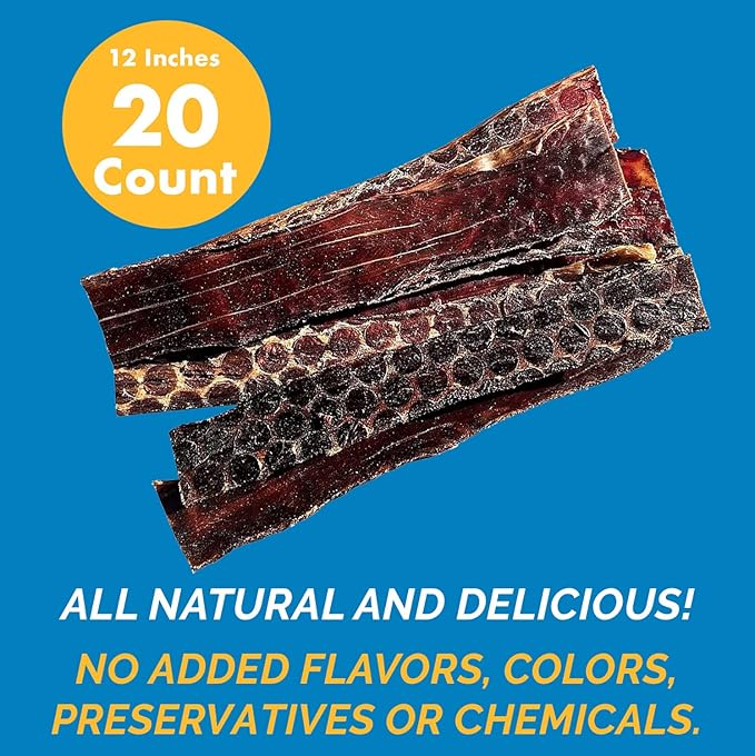 Esophagus Dog Treats - Large Gullet sticks for dogs (12 Inches - 20 Count) 100% Natural beef jerky for Medium to Large Dogs