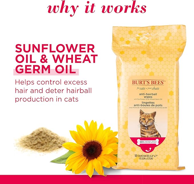 Burt's Bees for Pets Anti-Hairball Cat Wipes - Grooming Cat Wipes for Hairball Control - Cruelty Free, Formulated without Sulfates and Parabens, pH Balanced for Cats, 50 Count, 6-Pack