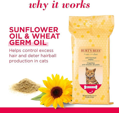 Burt's Bees for Pets Anti-Hairball Cat Wipes - Grooming Cat Wipes for Hairball Control - Cruelty Free, Formulated without Sulfates and Parabens, pH Balanced for Cats, 50 Count, 6-Pack