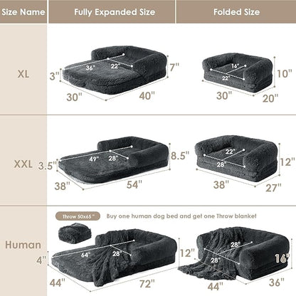 EHEYCIGA Foldable Human Dog Bed for Adult, Orthopedic Memory Foam Dog Bed for Humans, Waterproof Human Dog Bed for People, Faux Fur Human Sized Dog Bed, Dark Grey, 72"x44"x12"