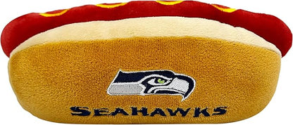 Pets First NFL Seattle Seahawks HOT Dog Plush Dog & CAT Squeak Toy - Cutest HOT-Dog Snack Plush Toy for Dogs & Cats with Inner Squeaker & Beautiful Football Team Name/Logo 8 x 5 x 3 Inches