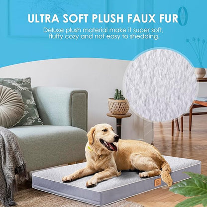 Orthopedic Dog Bed for Extra Large Dogs, XXL Waterproof Deluxe Plush Dog Crate Bed with Removable Washable Cover & Anti-Slip Bottom, Egg Crate Foam Pet Bed Mat, 44 x 32 Inches, Silver Grey