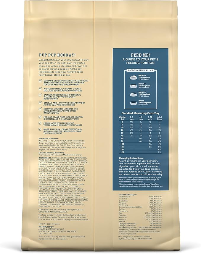 Amazon Brand - Wag Dry Dog Puppy Food, Chicken and Brown Rice, 5 lb