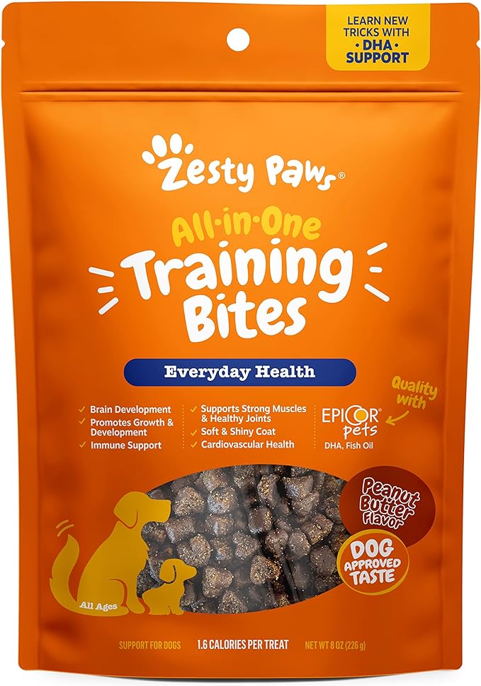 Zesty Paws Training Treats for Dogs & Puppies - Hip, Joint & Muscle Health - Immune, Brain, Heart, Skin & Coat Support - Bites with Fish Oil Omega 3 Fatty Acids with EPA & DHA - PB Flavor - 8oz