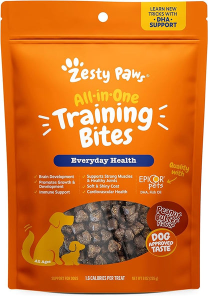 Zesty Paws Training Treats for Dogs & Puppies - Hip, Joint & Muscle Health - Immune, Brain, Heart, Skin & Coat Support - Bites with Fish Oil Omega 3 Fatty Acids with EPA & DHA - PB Flavor - 8oz