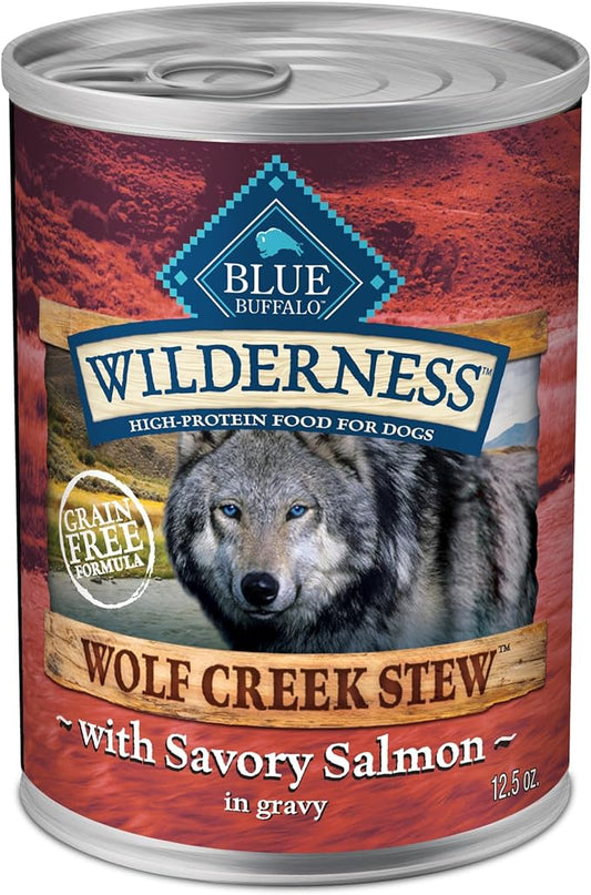 Blue Buffalo Wilderness Wolf Creek Stew High Protein, Natural Wet Dog Food, Savory Salmon Stew in gravy 12.5-oz cans (Pack of 12)