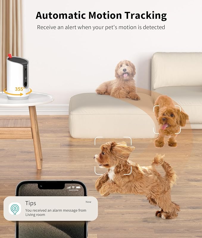 2K Pet Camera Treat Dispenser, 360°View Dog Camera with Phone App, 5G&2.4G WiFi 2-Way Talk Pet Camera Indoor for Cats Remote Treat Tossing, Motion Alerts, Auto Tracking