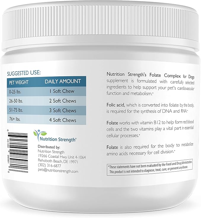 Folate for Dogs to Promote Cardiovascular & Prenatal Health, Support DNA Synthesis & Cell Maintenance, Folic Acid for Dogs with Zinc, Biotin, Iron & Vitamin B12, 120 Soft Chews