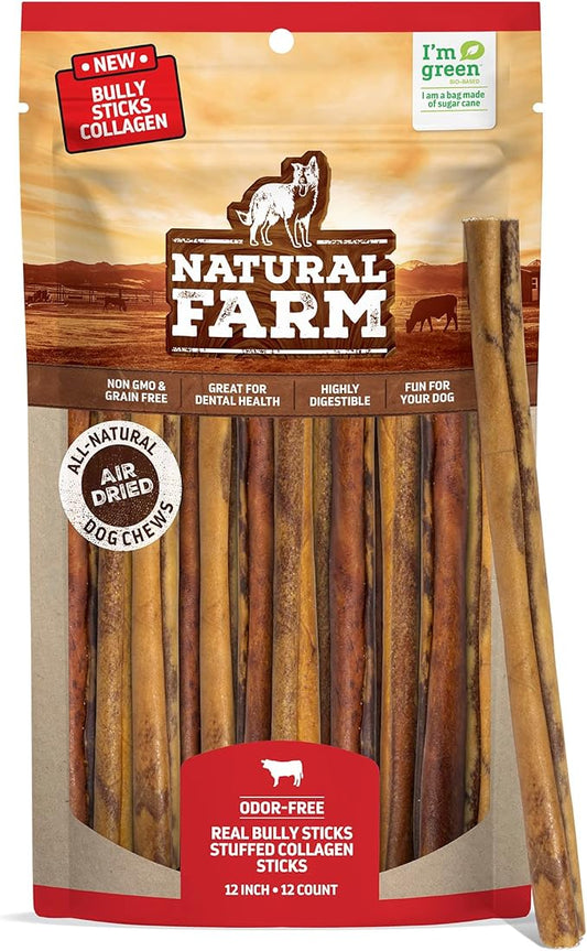 Natural Farm Bully Sticks Stuffed Collagen Sticks for Dogs (12 Inch, 12-Pack), Rawhide-Free Collagen Sticks, Natural Dog Chews, Long Lasting, Small, Medium and Large Dogs, Great Rawhide Alternative
