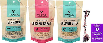 Vital Essentials Freeze-Dried Raw Dog Treats 3 Flavor Variety - (1) Each: Minnows, Salmon Bites, Chicken Breast (1-2.5 Ounces) - Plus Rope Toy and Fun Animal Facts Booklet Bundle