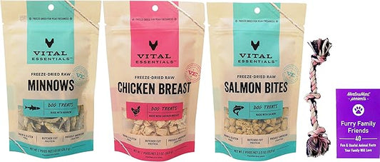 Vital Essentials Freeze-Dried Raw Dog Treats 3 Flavor Variety - (1) Each: Minnows, Salmon Bites, Chicken Breast (1-2.5 Ounces) - Plus Rope Toy and Fun Animal Facts Booklet Bundle