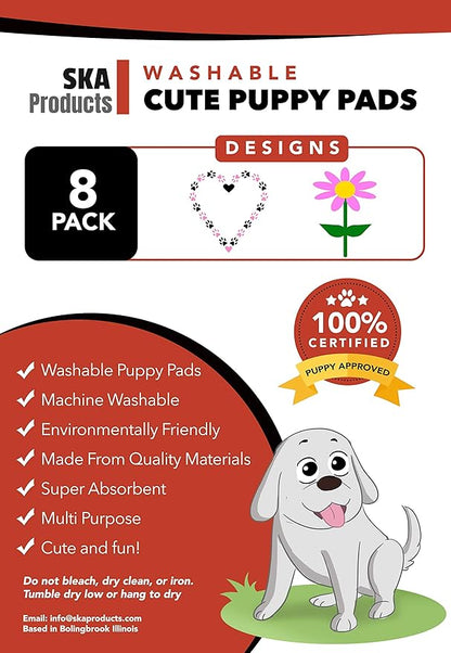 Cute Washable Dog Training Puppy Pee Pads | 8 Pack Flower, Heart | Large Multi-Purpose Reusable Eco Friendly | Super Absorbent Safe Waterproof Bottom Layer | House Breaking, Incontinence, Whelping