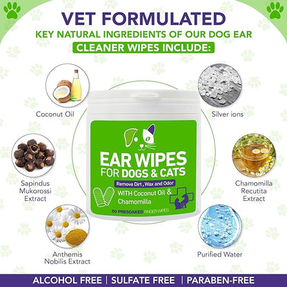 Pet Ear Wipes for Dogs and Cats - Dog Ear Cleaner Wipes, Cleaning and Deodorizing - Remove Debris & Wax, Improve Ear Itching, and Infections - 50 Count Finger Wipes