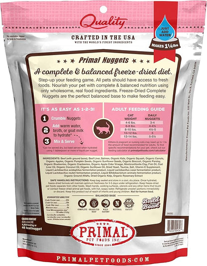 Primal Freeze Dried Cat Food Nuggets Beef & Salmon; Complete & Balanced Meal or Topper; Premium, Healthy, Grain Free, High Protein Raw Cat Food with Probiotics (5.5 oz)