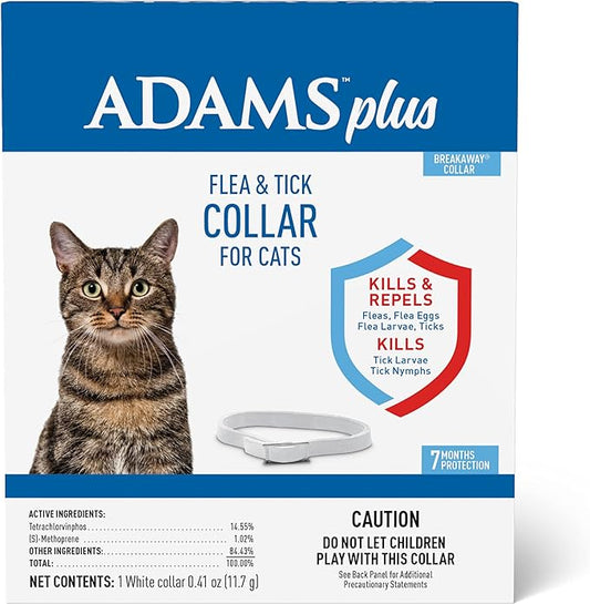 Adams Plus Flea & Tick Collar for Cats | Breakaway Collar | 1 White Collar | 7- Month Protection | Kills & Repels Fleas, Flea Eggs, Flea Larvae and Kills Ticks, Tick Nymphs, and Tick Larvae
