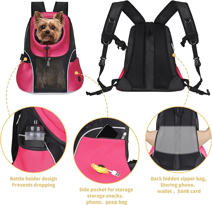 WOYYHO Pet Dog Carrier Backpack Small Dog Front Backpack Ventilated Mesh Dog Travel Back Pack with Safety Belt for Travel Hiking Cycling Outdoor Use (L (10-14 lbs), Black)