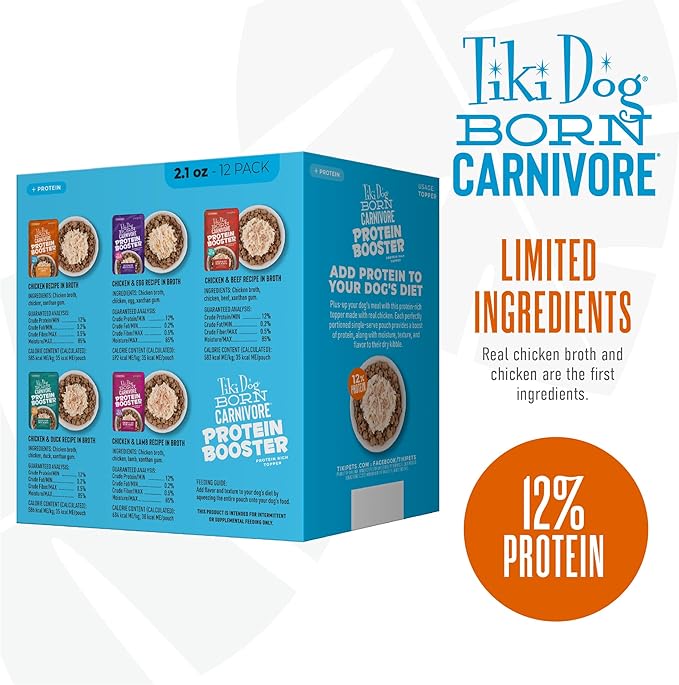 Tiki Dog Born Carnivore Protein Booster Dog Food Topper, Variety Pack, 2.1 oz. Pouch (12 Count)