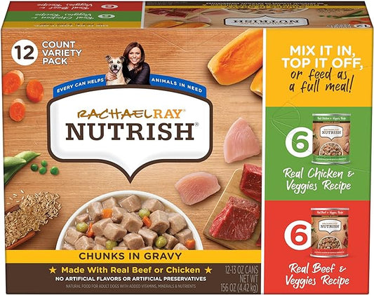 Nutrish Rachael Ray Chunks in Gravy Wet Dog Food Variety Pack, 13 Ounce (Pack of 12)