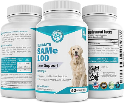 Same 100, Liver Support for Dogs, SAM e Chewable Hepatic Support for Dogs, Promotes Cell Membrane Strength, Bacon Flavor (60 Count)