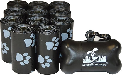 Downtown Pet Supply 220 Count Dog Poop Bags Refills with Leash Clip and Bone Bag Dispenser, Black with Paw Prints - Dog Waste Bags Unscented and Leak-Proof with Dog Poop Bag Dispenser - 12.5 x 8.5"