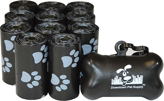Downtown Pet Supply 220 Count Dog Poop Bags Refills with Leash Clip and Bone Bag Dispenser, Black with Paw Prints - Dog Waste Bags Unscented and Leak-Proof with Dog Poop Bag Dispenser - 12.5 x 8.5"