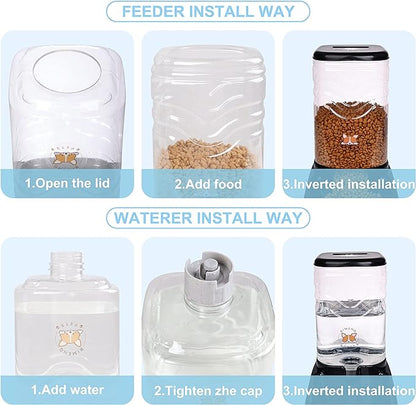 Automatic Dog Cat Gravity Food and Water Dispenser Set with Pet Food Bowl for Small Large Pets Puppy Kitten Rabbit Large Capacity(Black, 3.8L)