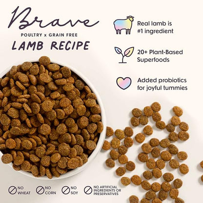 Brave Probiotic Dog Food Dry, Lamb, 18lb Bag, Natural Grain Free Adult Kibble for Digestive Health Made with Real New Zealand Lamb, 20 Plant Based Superfoods, Corn, Poultry & Soy Free