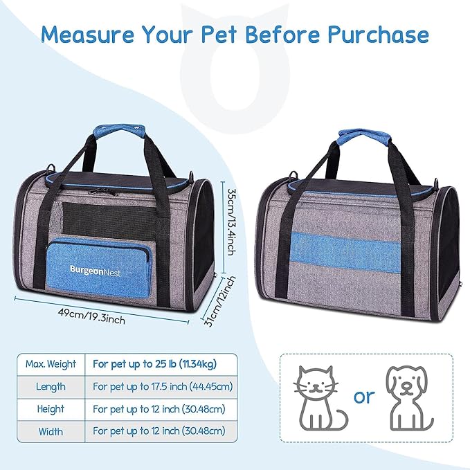 BurgeonNest Cat Carrier for Large Cats 20 lbs, Soft-Sided Pet Carrier for Small Dogs Medium Cats Under 25 lbs, Puppy Travel Bag with Big Storage Bag, 4 Ventilated Windows, 3 Doors