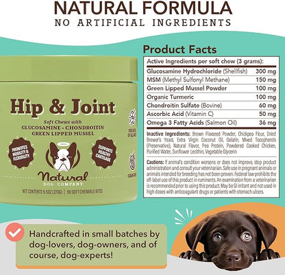 Natural Dog Company Hip & Joint Chews, Chicken Liver & Turmeric Flavor, with Glucosamine Chondroitin for Dogs, Maintains Bone and Joint Health, Supplements for Seniors and Puppies, 90 Count