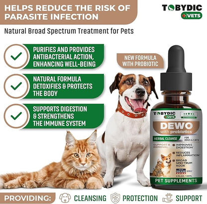 Broad Spectrum Herbal Medicine with Probiotic for Cats & Dogs - Treatment Helps to Remove Tapeworm, Whipworm, Roundworm, and Hookworm - Medication & Supplement Drops - Made in USA
