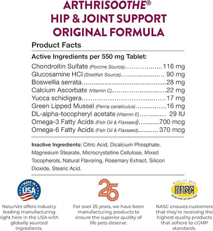 NaturVet ArthriSoothe Hip & Joint Formula Pet Supplement for Dogs & Cats – Includes Glucosamine, MSM, Chondroitin, Boswellia, Green Lipped Mussel – Supports HIPS, Joints – 500 Ct.