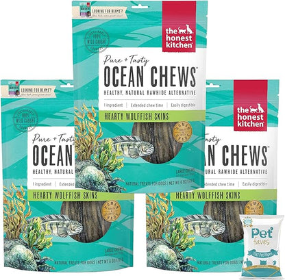 Pet Faves (3 Pack of 6oz) The Honest Kitchen Wolffish Ocean Chews Grain Free Dog Chew Treats – Natural Human Grade Dehydrated Fish Skins (6 oz Each) with 10ct Wipes