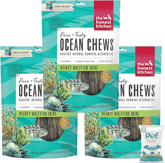Pet Faves (3 Pack of 6oz) The Honest Kitchen Wolffish Ocean Chews Grain Free Dog Chew Treats – Natural Human Grade Dehydrated Fish Skins (6 oz Each) with 10ct Wipes