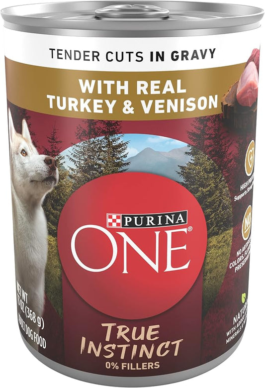 Purina ONE High Protein Wet Dog Food True Instinct Tender Cuts in Dog Food Gravy With Real Turkey and Venison -13 Oz Cans (Pack of 12)