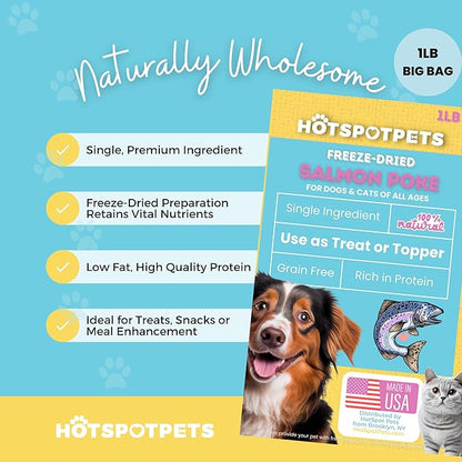 hotspot pets Freeze Dried Salmon Treats for Cats & Dogs -Made in USA-1LB BIG BAG -Resealable-Single Ingredient All Natural Grain-Free- Perfect for Training, Topper or Snack (Salmon Poke)