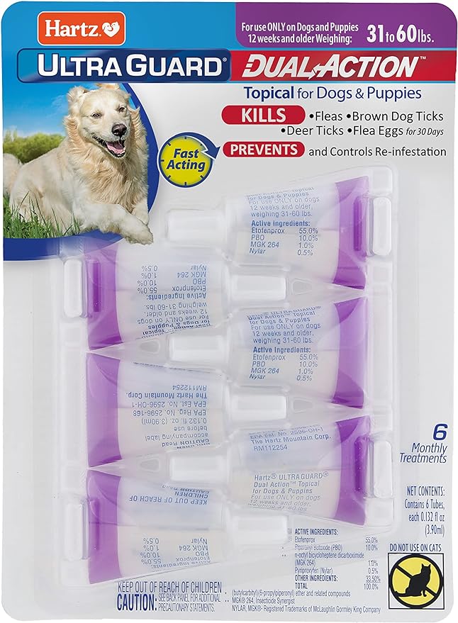 Hartz UltraGuard Dual Action Flea & Tick Topical Dogs & Puppies Treatment & Prevention, 6 Months, 31-60 lbs