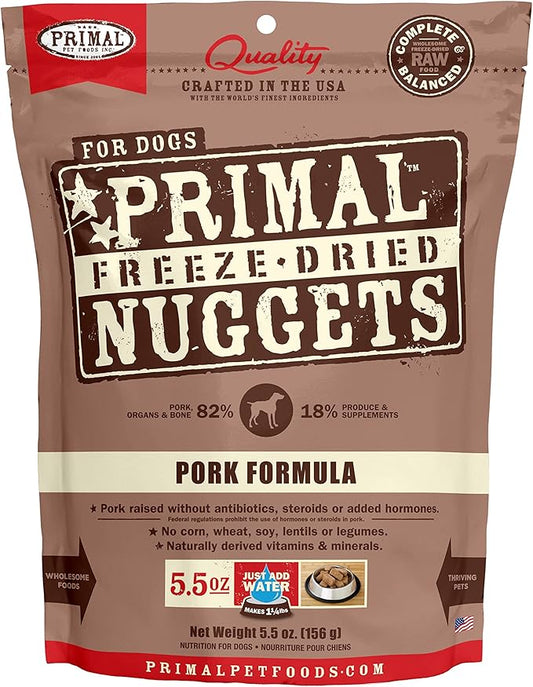 Primal Freeze Dried Dog Food Nuggets, Pork; Complete & Balanced Meal; Also Use as Topper or Treat; Premium, Healthy, Grain Free, High Protein Raw Dog Food, 5.5 oz