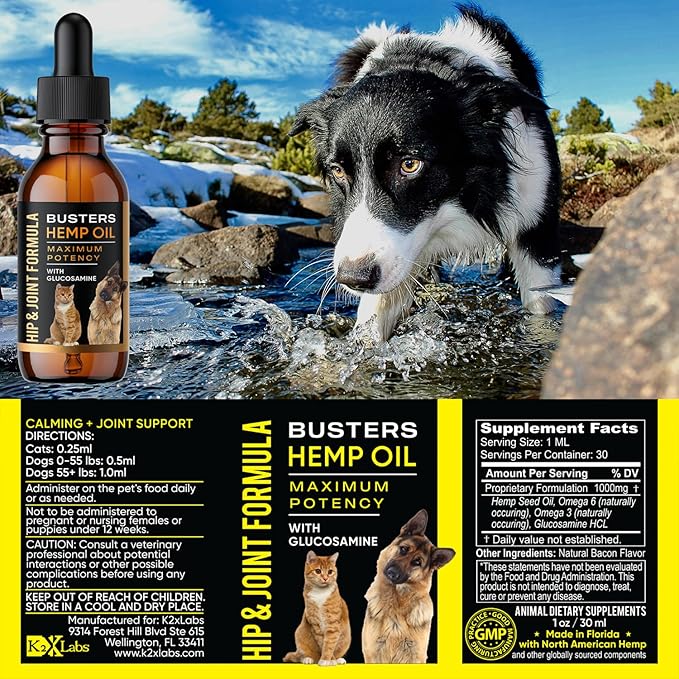 Busters Hip and Joint Hemp Oil for Dogs Formula with Glucosamine, 2Pack 2Month Supply, Pain Relief for Cats, and Pets, Advanced Mobility Support