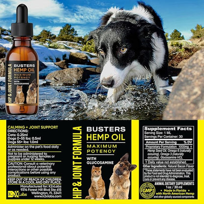 Busters Hip and Joint Hemp Oil for Dogs Formula with Glucosamine, 2Pack 2Month Supply, Pain Relief for Cats, and Pets, Advanced Mobility Support