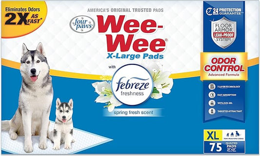 Four Paws Wee-Wee Odor Control with Febreze Freshness Pee Pads for Extra Large Dogs, Leak-Proof Floor Protection Dog & Puppy Quilted Potty Training Pads, Spring Fresh Scent, 28" x 30" (75 Count)