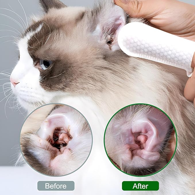 Ear Cleaning Wipes for Dogs & Cats, Gently Remove Wax & Debris, Reduce Ear Inflammation, Finger Set Cellular Network Design, Rich in Fermented Coconut Oil and Aloe Vera, All Natural, 50 Count