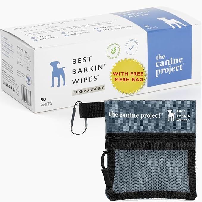 Best BARKIN' Wipes with Free Mesh Bag, Dog Wipes for Paws Ears and Butt, Micellar Aloe Scented Travel Friendly Puppy Wipes (50-Pack)